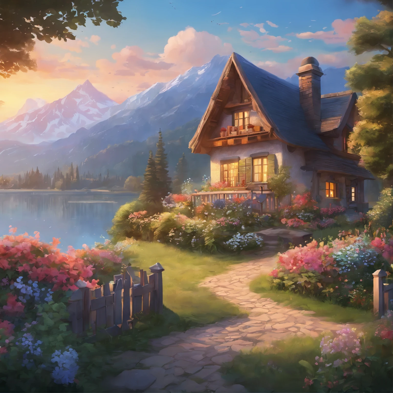 painting of a cottage, flowers beside of fence, fence along the road,  mountain landscape with a lake and a boat, illustration matte painting,  inspired by Thomas Kinkade, symmetric matte painting, detailed scenery , style raw, 8 k ultra detailed