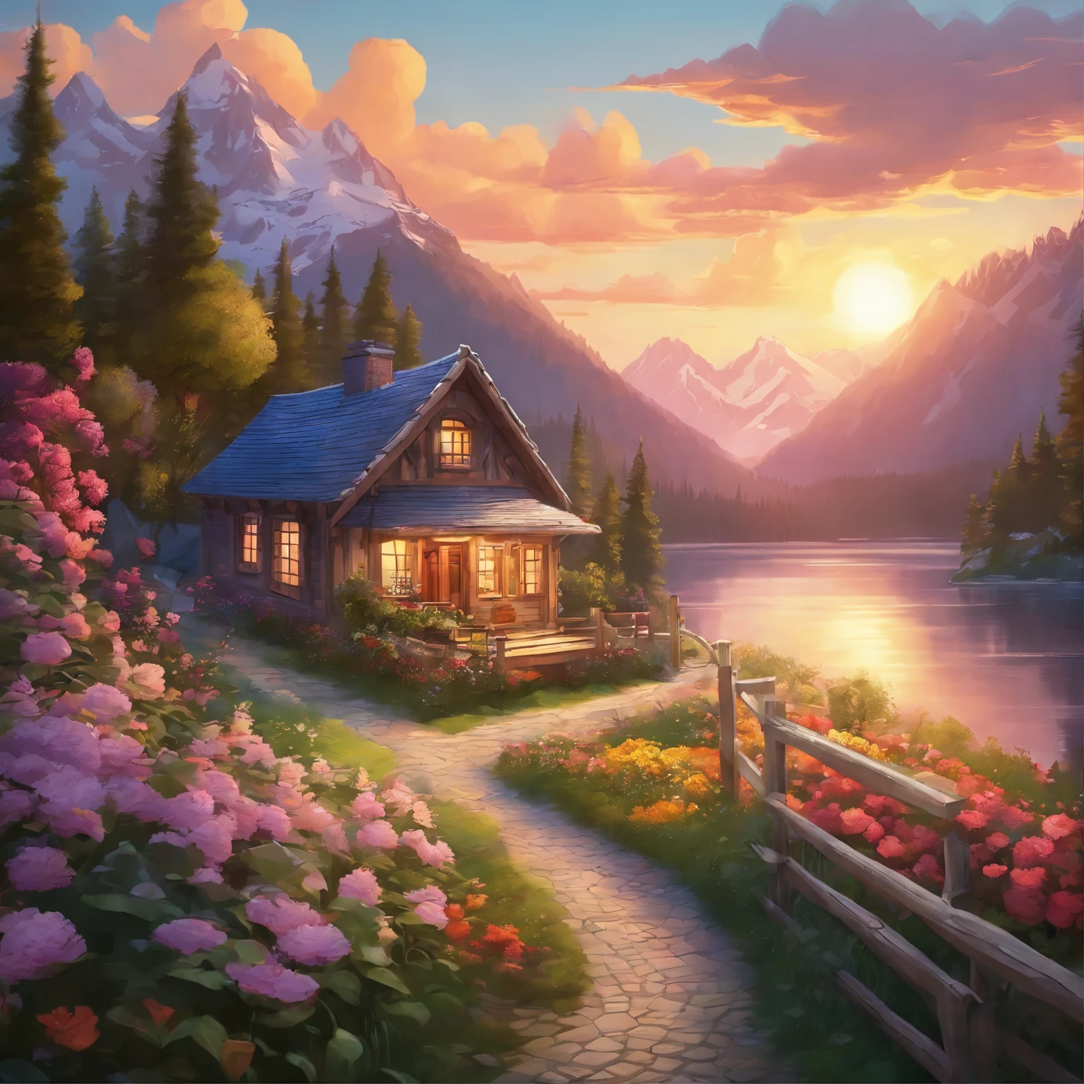 painting of a cottage, flowers beside of fence, fence along the road, mountain landscape with a lake and a boat, illustration matte painting, inspired by Thomas Kinkade, symmetric matte painting, detailed scenery , style raw, 8 k ultra detailed