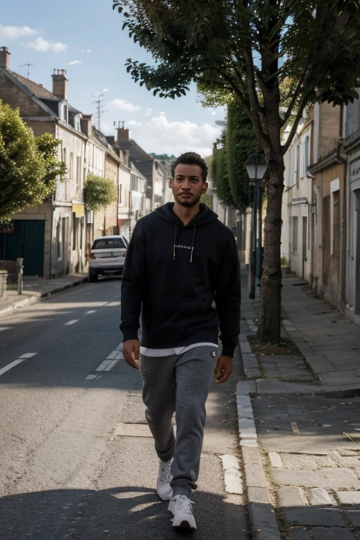 photo-realiste, tres réel, jour, detaillé, homme qui marche, crâne rasé, ville avec arbres, contre jour, habillé avec un sweat shirt hoodie