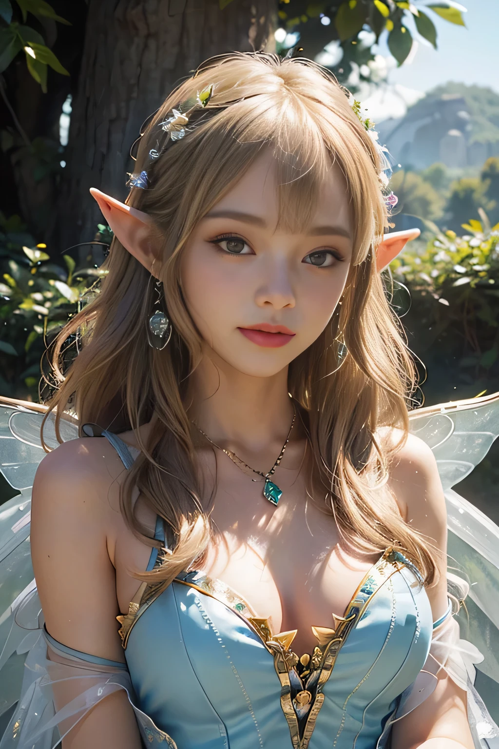 (highest quality:1.4), (8K), 32K, (UHD), (masterpiece:1.3), Photos of beautiful Japanese women, (realistic), (Raw photo), (1 girl), (Ultra high definition), (detailed face), perfect face, (fine hair), beautiful hair, bangs, layer cut, (symmetrical eyes:1.3), (fine eyes), (fine skin), realistic skin, ultra high resolution, (medium breasts), (slim body shape), (super model figures), gentle smile, gentle smile, blonde, Elven Fairy, fantasy theme,
( wearing an elf costume:1.5, elf ears, corolla:1.3, Flower earrings, Flower necklace, rainbow-colored transparent feathers:1.3 ), in the forest, butterfly, flowers, log house portrait, close your face:1.3, cinematic lighting, soft lighting