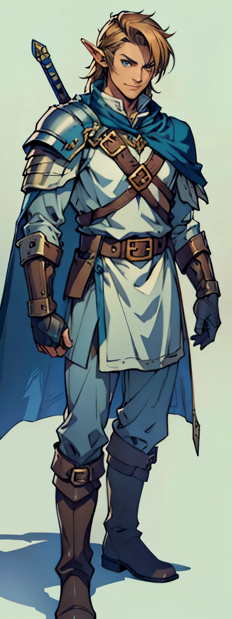 high detailed half-elf male, elf, brown_hair messy_hair smiling_face, green_eyes, scar_across_eye, pointed_ears, tan, armor breastplate blue_cape, leather_gloves, belt, belt_pounch, sheath, paladin knight, simple_background, male_focus cowboy_shot solo, final fantasy tactics, jrpg, demacia, vox machina style,link,mature,knight,strong,warrior,royal,uniform,detailed,shaded, beautiful,king, (knee-high boots),(character design),