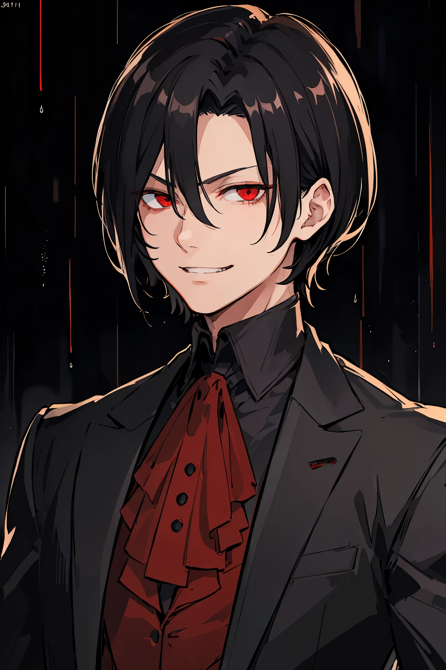 masterpiece, dark night, boy, johan liebert, wavy black hair, short hair, 20 years, Red eyes, glowing eyes, Grim Smile, grin, villain, narrowed eyes, very detailed beautiful face and eyes, portrait, shirt, rain, Blood