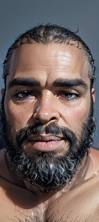 man, black, 34 years old, black eyes, lumberjack beard, full lips, hair cut very short, 3d disney pixar, ultra hd resolution, ultra HD quality, white threads in the beard and hair,