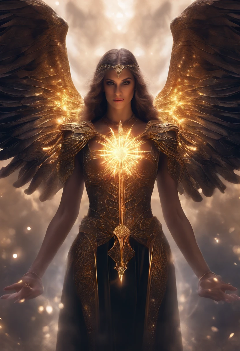 Cosmic Fallen Angel, Maltael, Hoces de pistola en sus manos, ojos de luz brillante, biomech, Eldritch, Espeluznante, de pesadilla, Colores muy brillantes, light particles, con luz luminosa, arte del papel pintado, fondo de pantalla hd,Vestimenta medieval