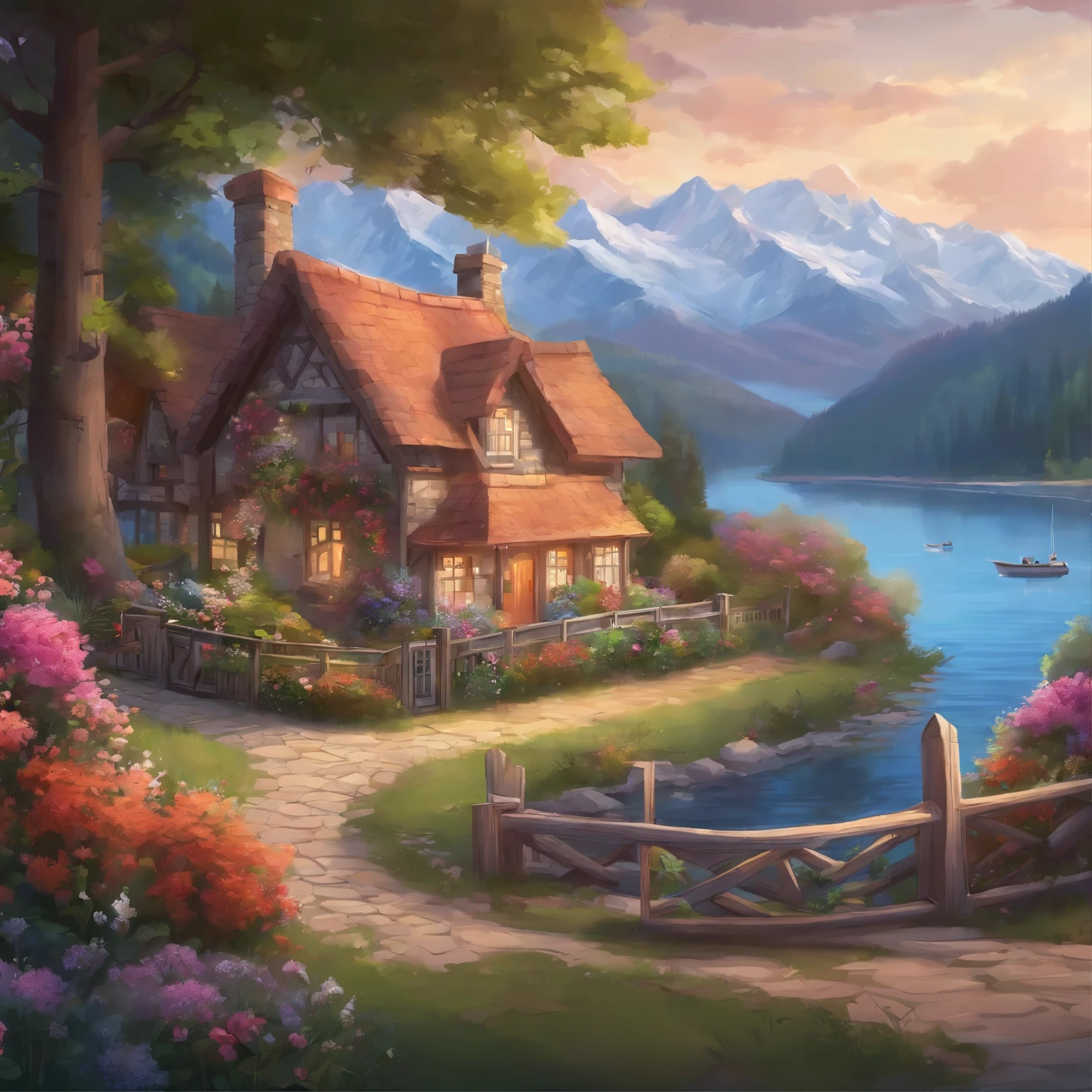 painting of a cottage, flowers beside of fence, fence along the road, mountain landscape with a lake and a boat, illustration matte painting, inspired by Thomas Kinkade, symmetric matte painting, detailed scenery , style raw, 8 k ultra detailed