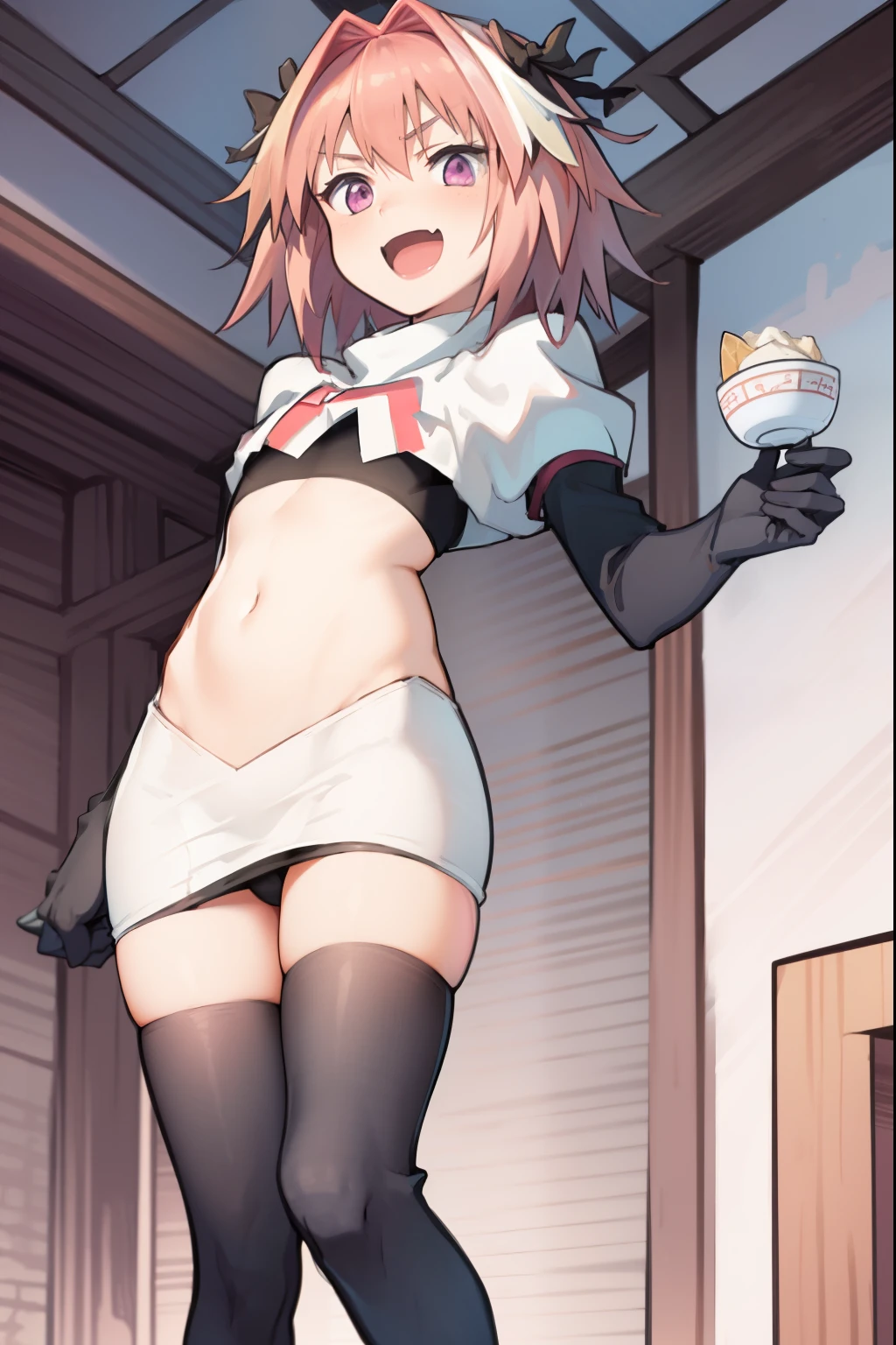 absurdres, masterpiece, best quality, (astolfo fate:1.2155), 1boy, male focus, trap, pink multicolored hair, pink hair, white hair, hair intakes, long hair, pink detailed eyes, crossdressing,1boy, team rocket,team rocket uniform, red letter R, white skirt,white crop top,black thigh-highs,black elbow gloves