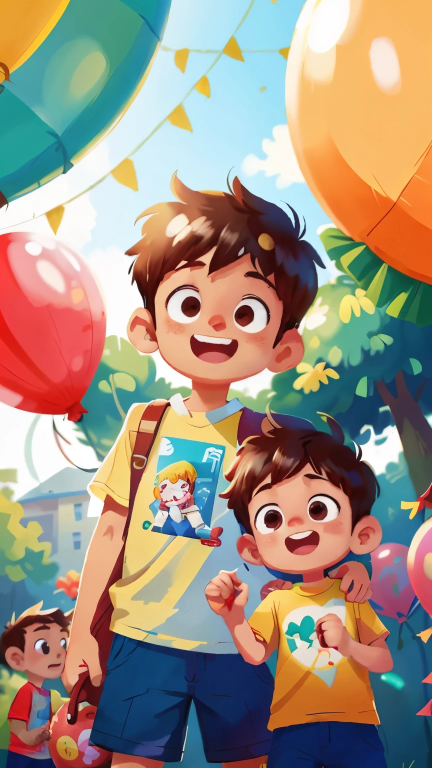 Two boys, 6 and 2 years oldnt park, holding balloons, happy, happy, perfect quality, clear focus (clutter - home: 0.8), (masterpiece: 1.2) (Realistic: 1.2) (Bokeh) (Best quality) (Detailed skin: 1.3) (Intricate details) (8K) (Detail Eyes) (Sharp Focus), (Happy)