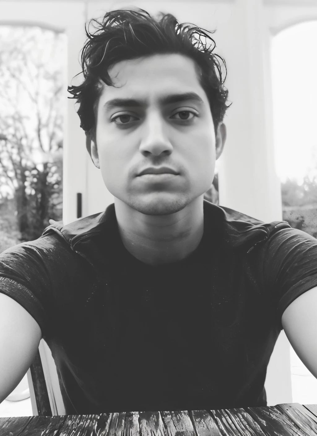 realistic, smile, white hoddie, arafed man sitting at a table with a cell phone in his hand, looking defiantly at the camera, looking serious, looking intensely at the camera, with a sad expression, in a menacing pose, taken in the early 2020s, intense stare, with a cool pose, jayison devadas, sayem reza