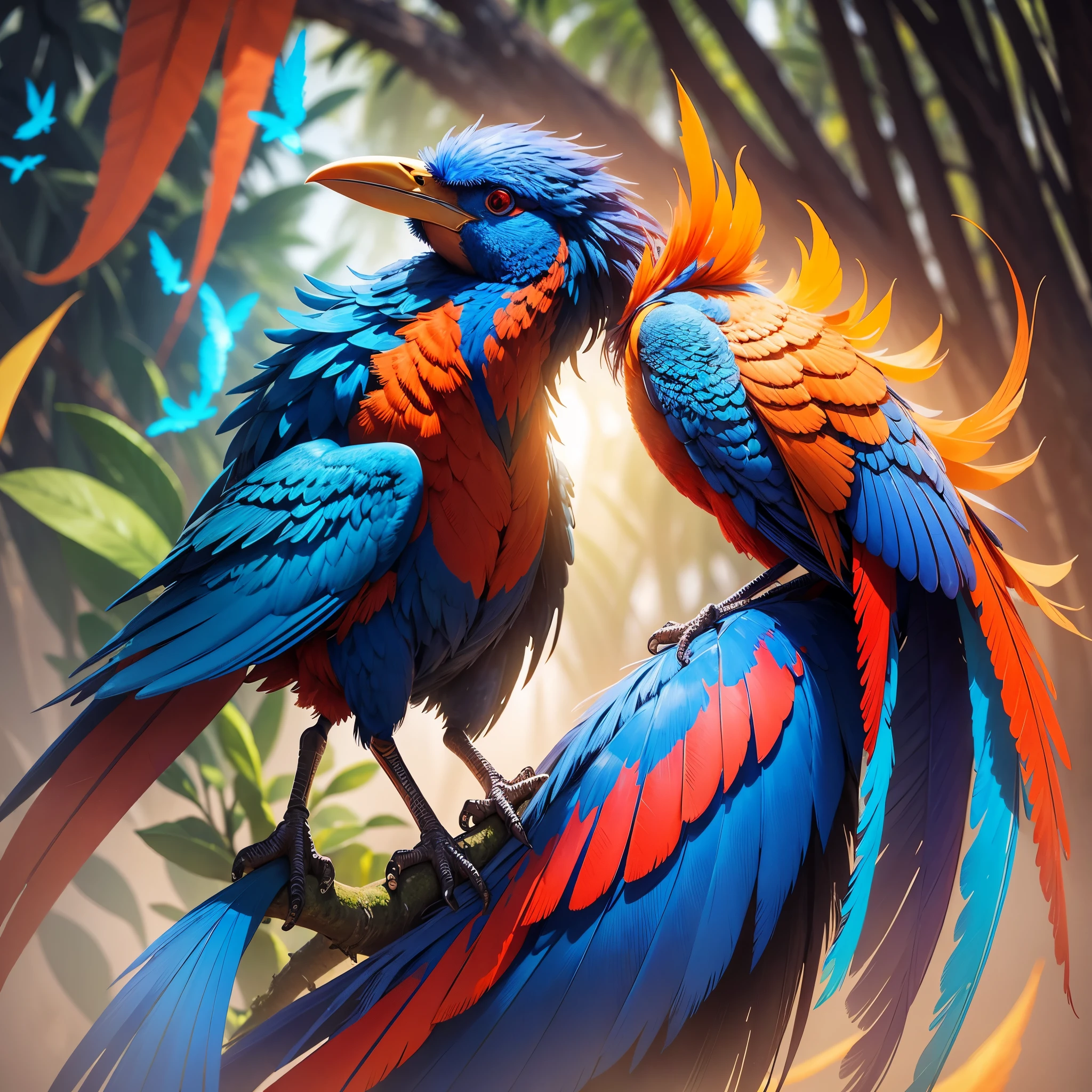 Create a mystical bird with fiery blue plumage that you found in the Amazon rainforest, no norte do estado do Amazonas.