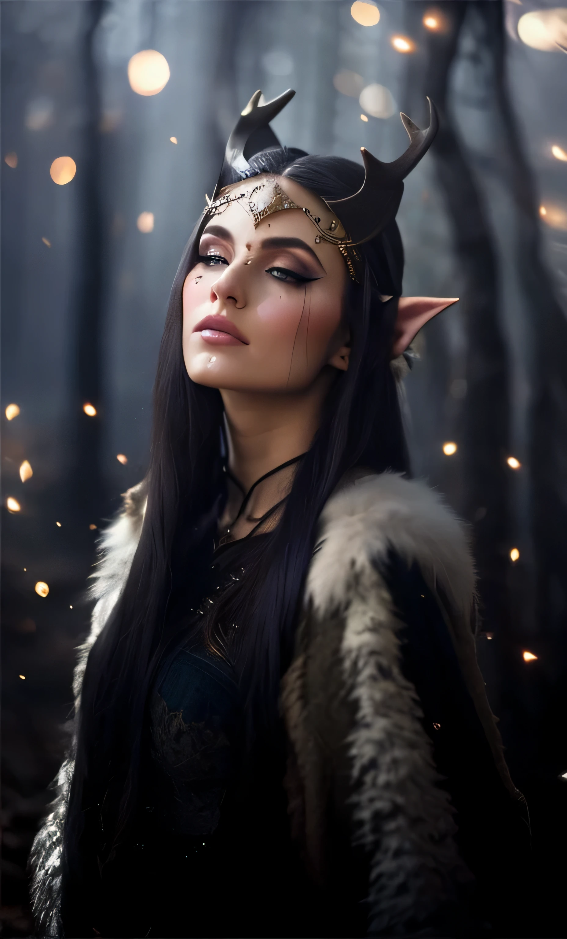 Arafed woman with horns and antlers on her head in the forest, fantasy photoshoot, very beautiful Elvish top model, dark fantasy style, Elvish, beautiful dark Elf countess, dark Elf princess, Elvish princess, a portrait of an elf, Portrait of a dark fantasy, portrait of an elf queen, dark Elf, portrait of an elf, side portrait of Elvish royalty