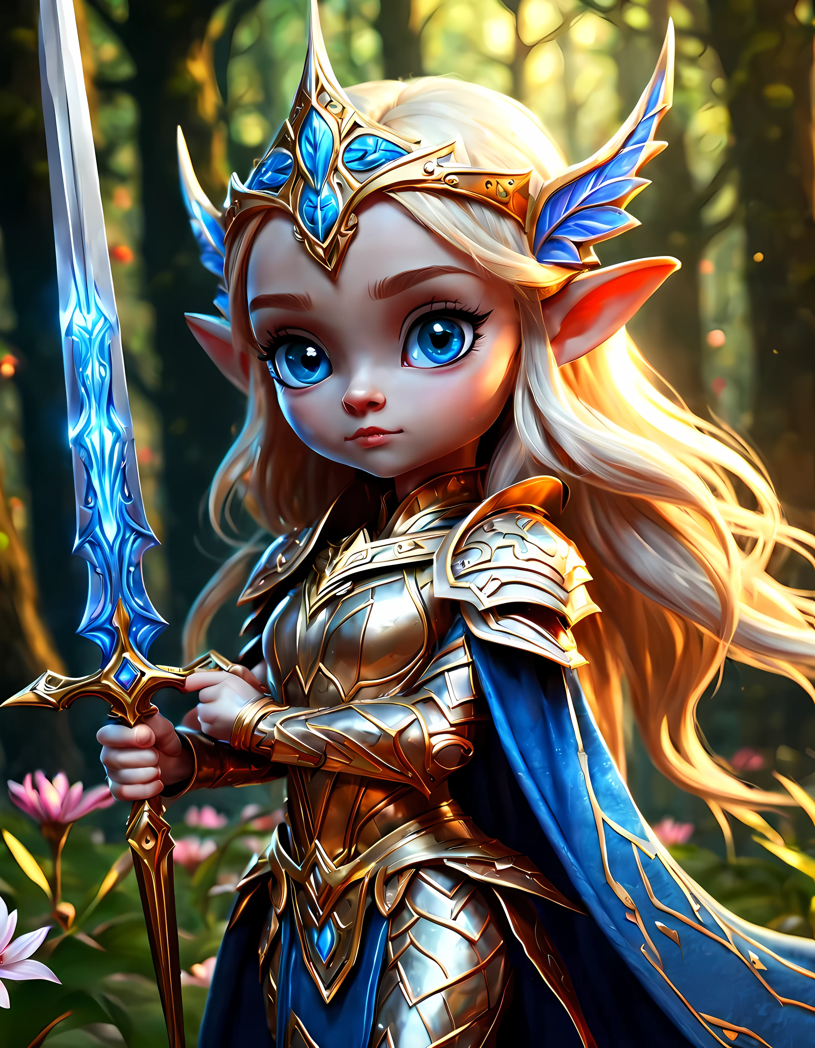 Masterpiece in maximum 16K resolution. | (Cute cartoon style:1.3). | An adorable alluring elven warrior in a legendary shiny armor with rich complex draconic patterns on it. | (((Menacing, looking at the viewer))), vivid blue eyes. | ((Elegant long swords)). | Flowing blonde hair, (pointy ears). | Deep forest, flowers, sunlit. | ((More_Detail))