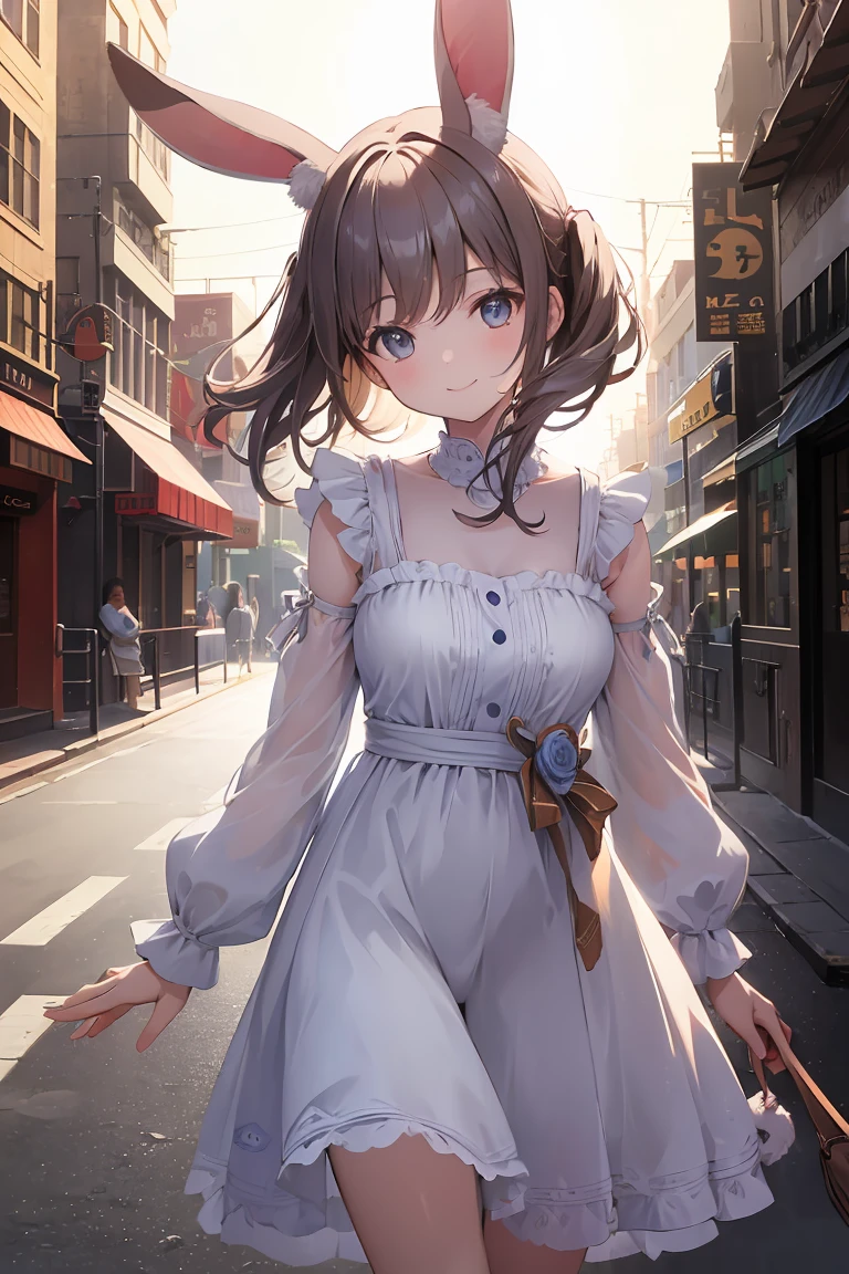 ((shape: Used Pecora)), (masterpiece), (professional photography:1.2), (High resolution:1.3), (From before), 8K, (close up shot), highest quality, High resolution, rough skin, cinematic lighting, original,1 girl, alone, smile, Wearing rabbit ears, walking down the street, (cityscape)