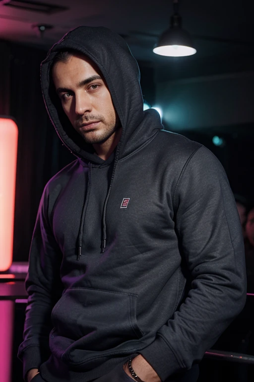 photo-realiste, tres réel, nuit, club nightclub, detaillé, homme, chauve, foule, habillé avec un sweat shirt hoodie