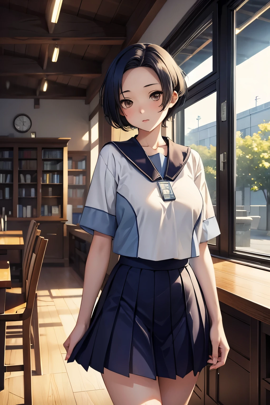  (masterpiece, best quality:1.2), solo, 1girl, kobayakawa rinko, , jitome, tsurime, (open forehead:1.2), (short hair with ear coverage:1.4), dark blue hair, ((asymmetry)), bashful, medium breasts, looking at viewer, standing, earphones, school uniform, serafuku, skirt, indoors, library 