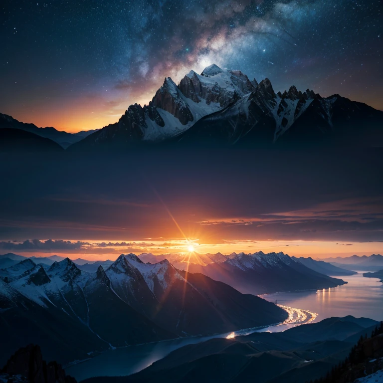 The dawn of dawn，The sun and the moon shine together，Mountains and rivers are always there，HD 4k，landscape pictures，A little bit of science fiction，A little bit of cosmic elements