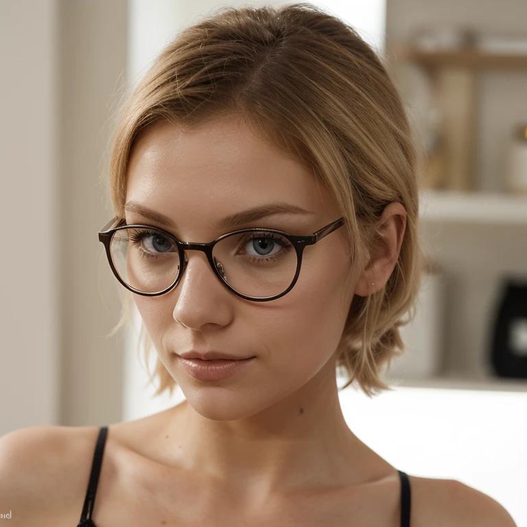 Skandinavische Frau , blond, dominant, selbstsicher, 25, Wears glasses, schaut streng, beautiful fresh color theme, closeup
