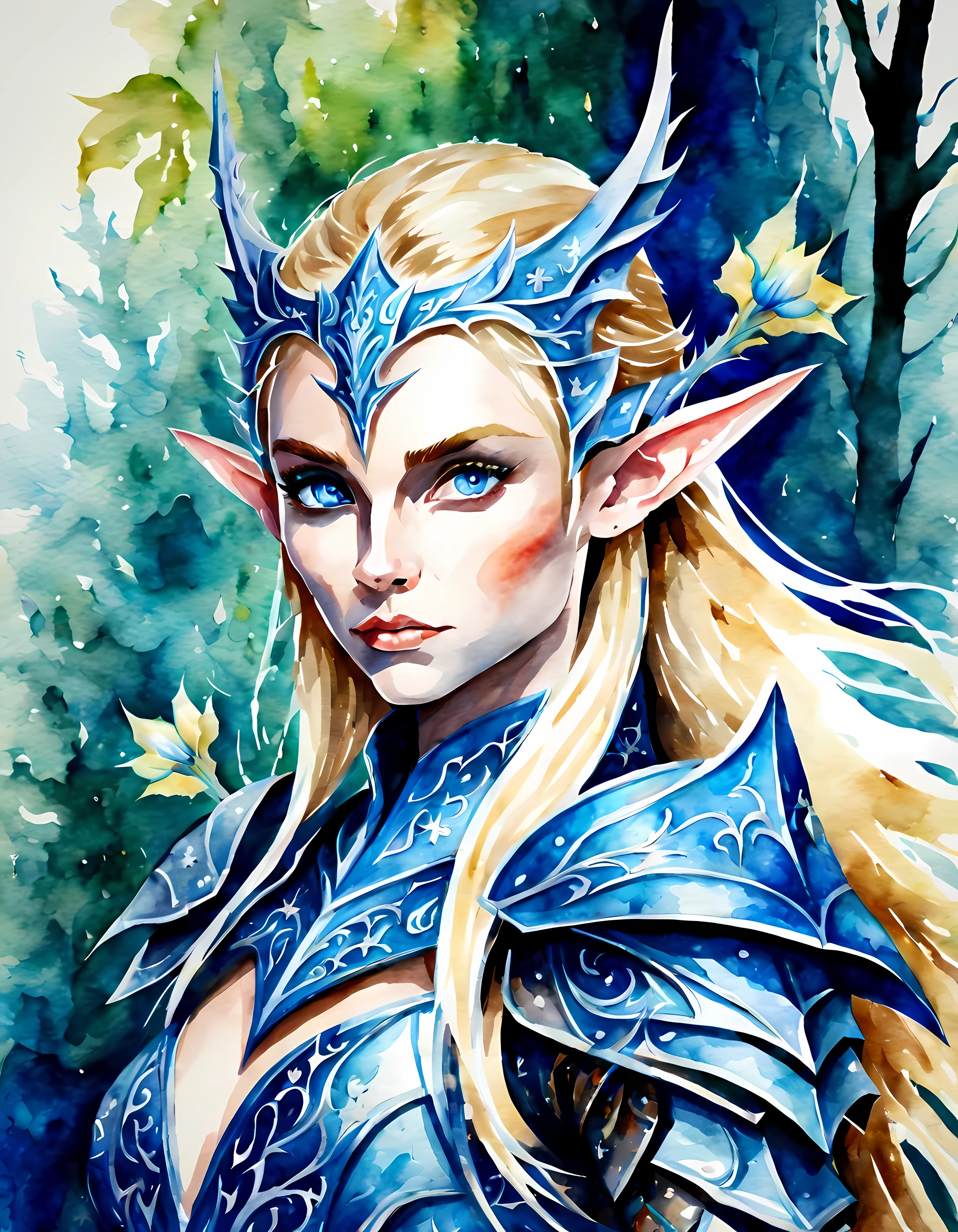 Masterpiece in maximum 16K resolution. | (Watercolor painiting:1.3). | An adorable alluring elven warrior in a legendary shiny armor with rich complex draconic patterns on it. | (((Menacing, looking at the viewer))), vivid blue eyes. | Elegant long swords. | Flowing blonde hair, (pointy ears). | Deep forest, flowers, sunlit. | More_Detail