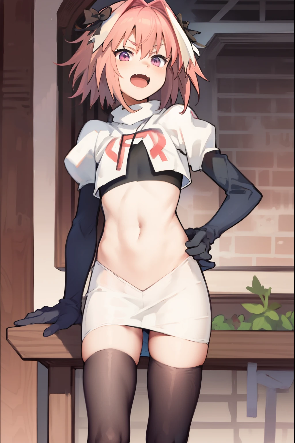 absurdres, masterpiece, best quality, (astolfo fate:1.2155), 1boy, male focus, trap, pink multicolored hair, pink hair, white hair, hair intakes, long hair, pink detailed eyes, crossdressing,1boy, team rocket,team rocket uniform, red letter R, white skirt,white crop top,black thigh-highs,black elbow gloves