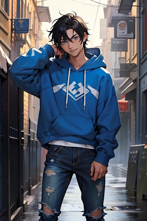 ((Best quality)), ((masterpiece)), top quality), standing alone, Caucasian, 5'9, Blue hoodie, smiling, messy black hair, hair in eyes, ripped jeans, blue eyes, teenage man, European sword resting beside him