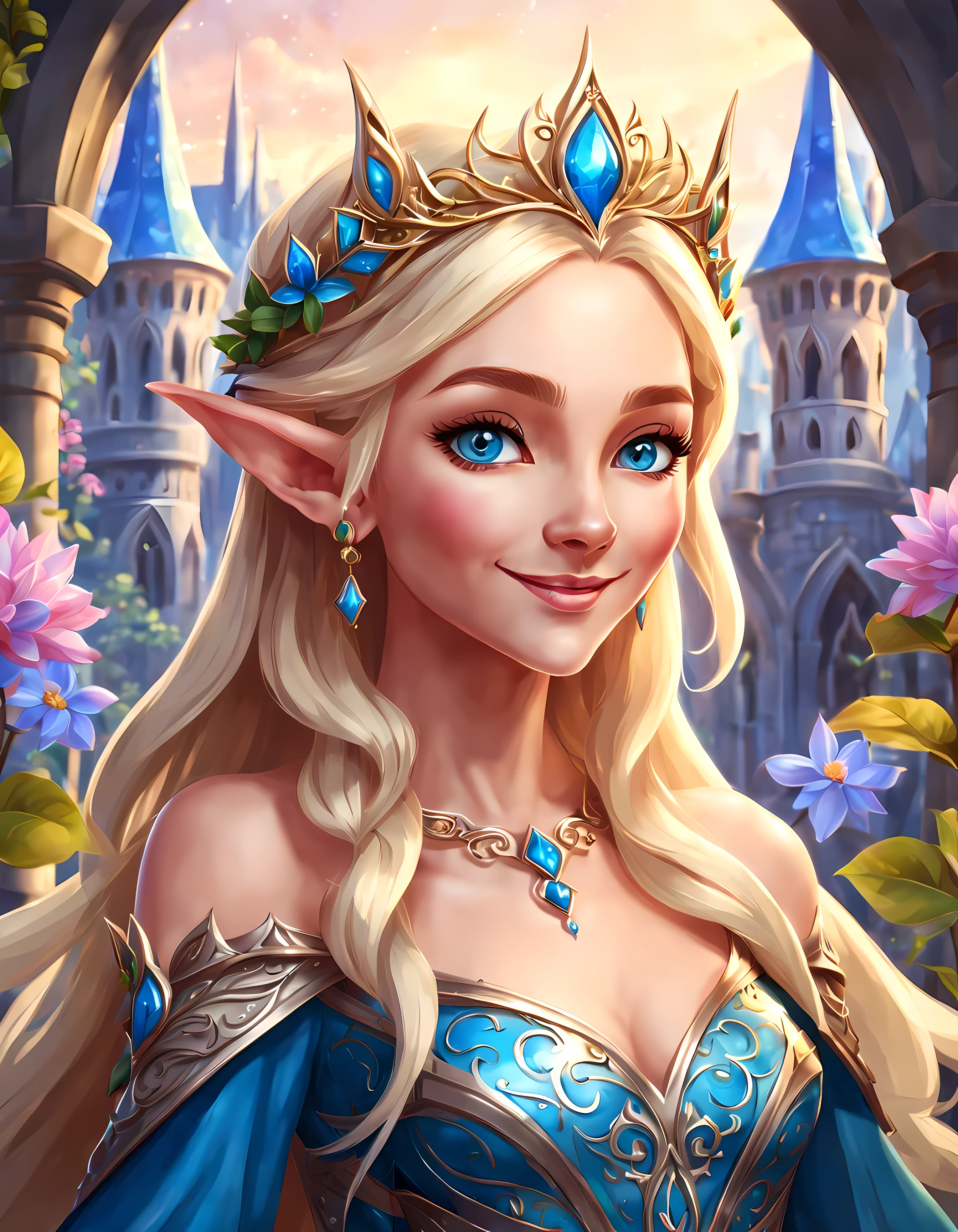 Masterpiece in maximum 16K resolution. | (Cute cartoon style). | An adorable alluring elven queen in a short gown with rich complex nature patterns on it. | (((Soft smile, looking at the viewer))), vivid blue eyes. | Elegant tiara, flowers, shiny legendary amulet. | Flowing blonde hair, (pointy ears). | Elven architecture in the background. | More_Detail