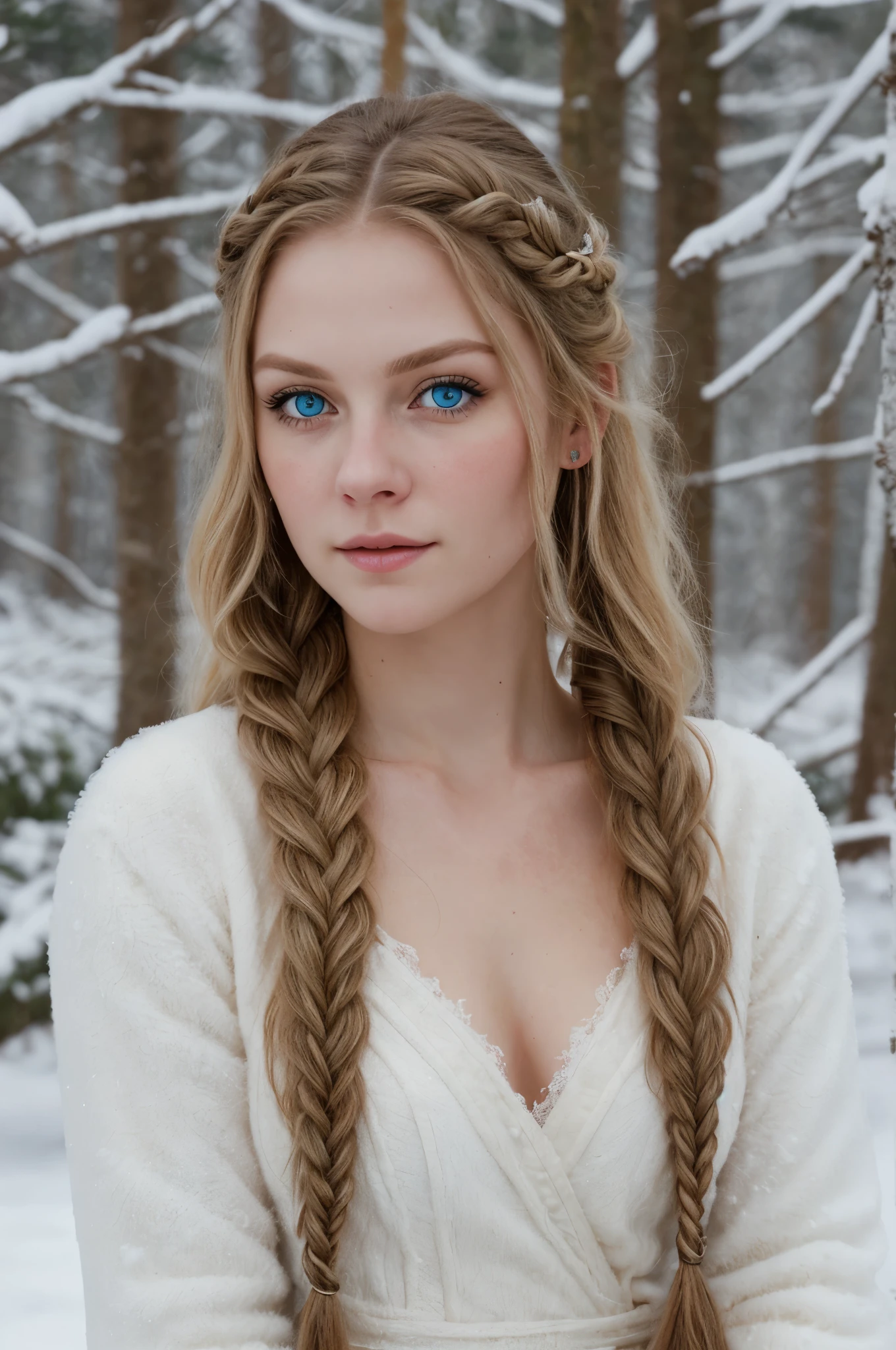 (Realisttic:1.2), analog photo style, female nordic warrior, fantasy snowy setting, braided blonde hair, full body, soft natural light, cute and sexy, pleasure, detailed face and blue eyes, great quality, Masterpiece, detailed northern background, 16k quality, RAW photo