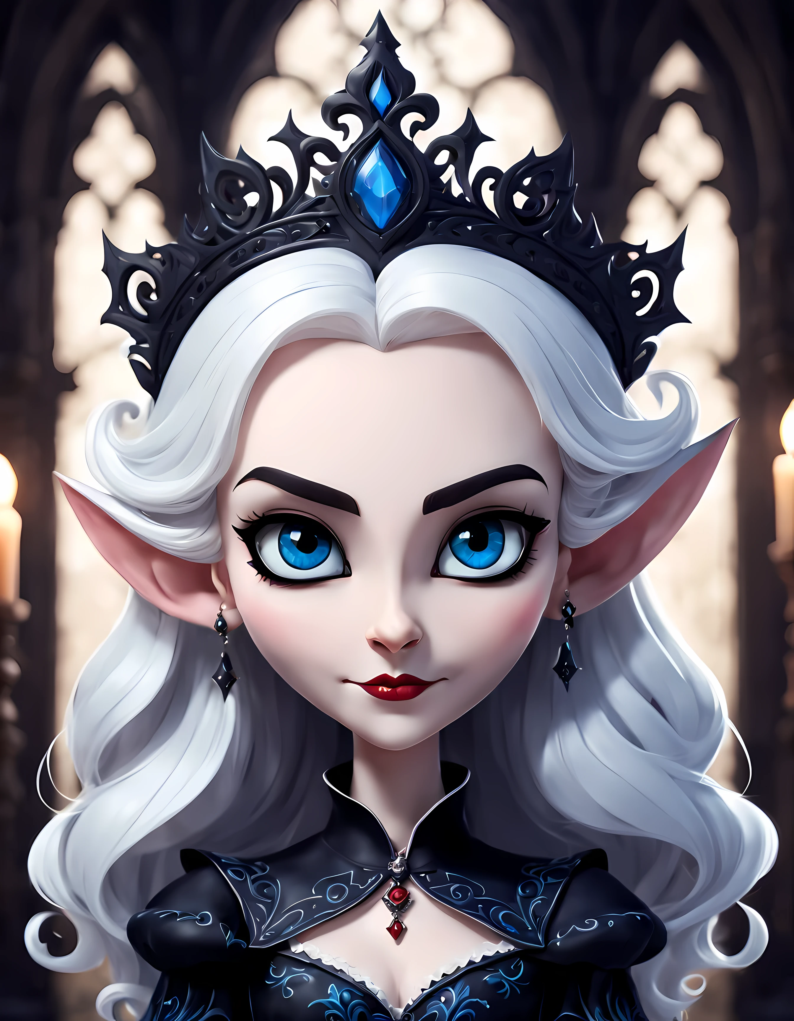 Cute Cartoon, CuteCartoonAF. | Masterpiece in maximum 16K resolution. | (Cute cartoon style). | Symmetrical front view of an adorable vampire queen in a long noble gown with rich complex gothic patterns on it. | (((Soft smile, looking at the viewer))), vivid blue eyes. | Flowing white hair, pointy ears. | Simple dark background. | More_Detail