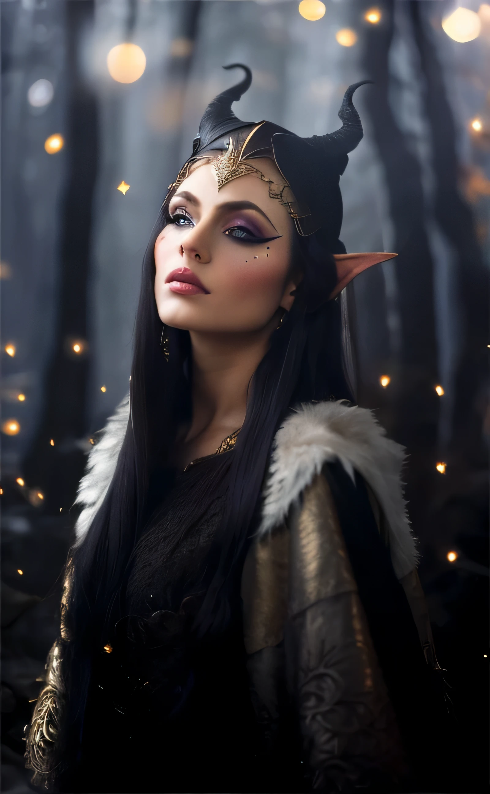 Arafed woman with horns on her head in the forest, They will do evil, face decoration, fantasy photoshoot, very beautiful Elvish top model, dark fantasy style, Elvish, beautiful dark Elf countess, dark Elf princess, Elvish princess, a portrait of an elf, Portrait of a dark fantasy, portrait of an elf queen, dark Elf, portrait of an elf, side portrait of Elvish royalty
