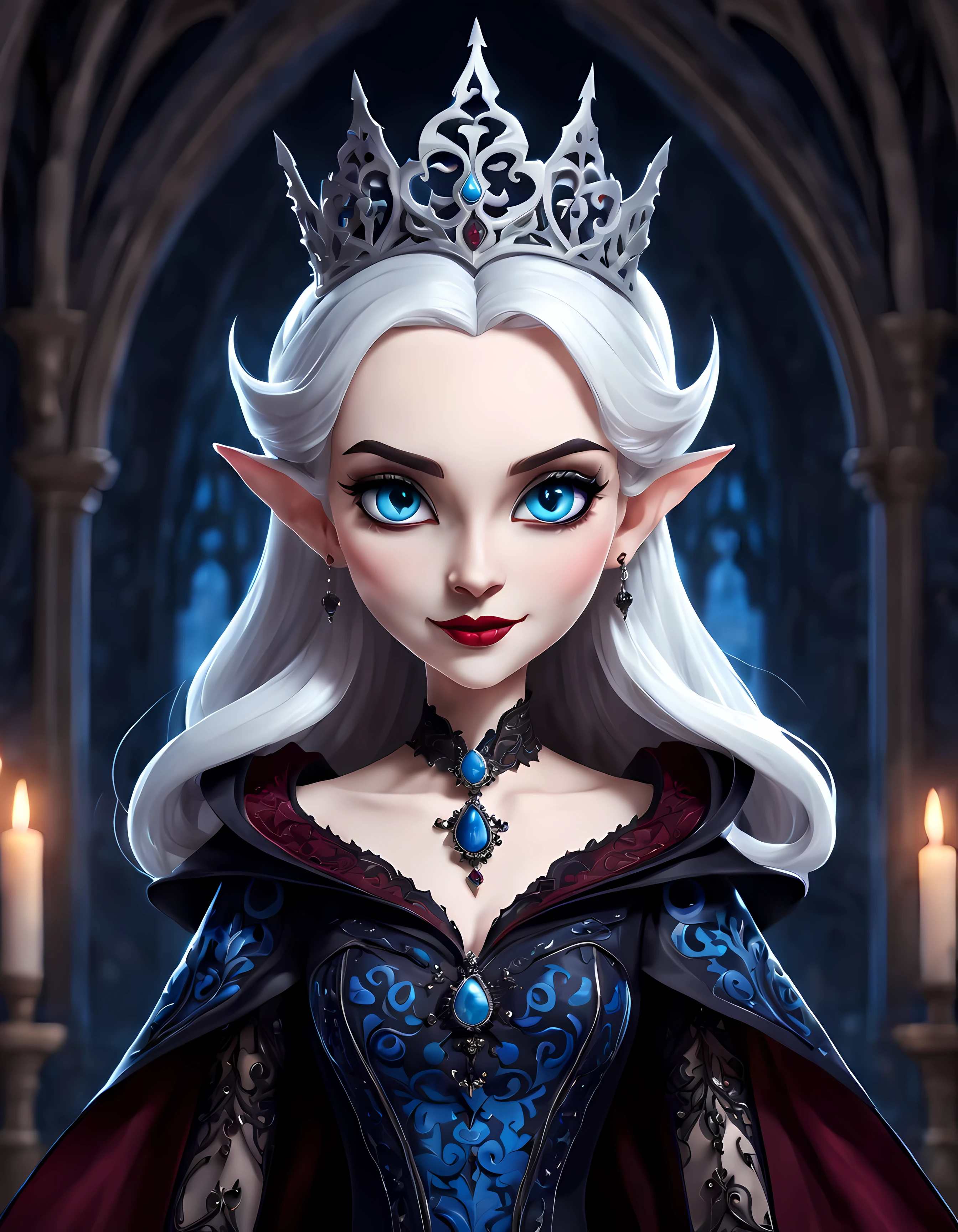 Cute Cartoon, CuteCartoonAF. | Masterpiece in maximum 16K resolution. | (Cute cartoon style). | Symmetrical front view of an adorable vampire queen in a long noble gown with rich complex gothic patterns on it. | (((Soft smile, looking at the viewer))), vivid blue eyes. | Flowing white hair, pointy ears. | Simple dark background. | More_Detail