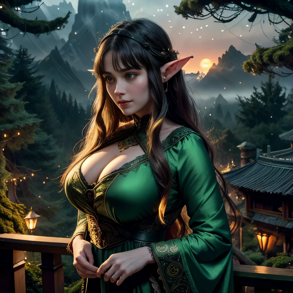 (Kat Dennings:Alexandra Daddario:0.1) as an elf, close-up professional photo, (head shot:1.1), (overhead view:0.9), looking at viewer, angled view, clothed breasts, (lantern:0.75), (pointy ears:0.9), (nighttime:1.1), (night:1.1), (dark:1.1), (moon:0.5), fireflies, (moss-covered:1.1) balcony handrails, (tree house:0.9), intricate sleeved gown, JRR Tolkein, middle earth, (ancient magical forest:1.2), (mist:1.1), distant mountains, (big giant colossal massive enormous huge gigantic breasts:1.3), (oppai proportion:1.3), (top heavy:1.3), (long hair:1.4), very wavy golden hair, hair ribbons, (opal crown:0.9), (northern lights:0.75)