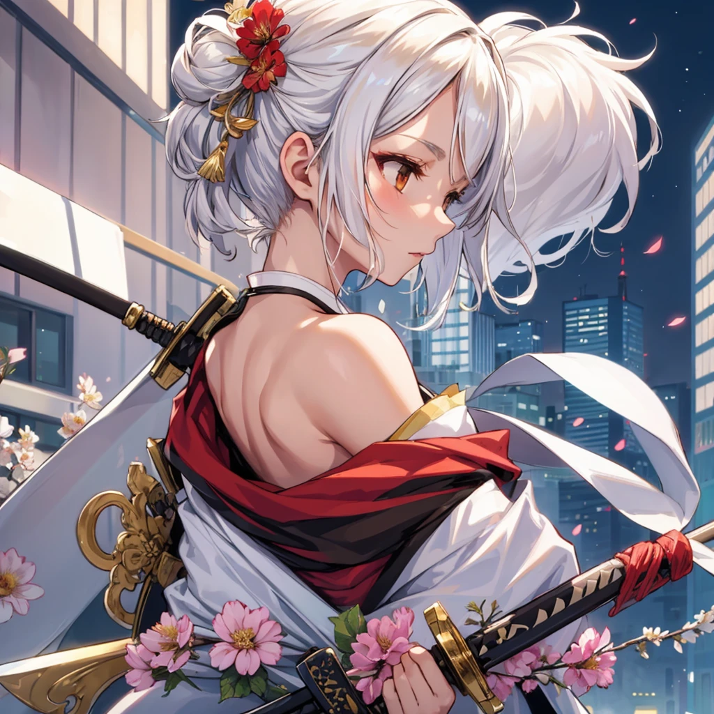 One girl, solo, bust, looking away, white hair, hair ornament, kimono, future city background, holding, short hair, brown eyes, from side, upper body, (holding weapon, sword, weapon), blade, jewelry, flower, flower in hair,