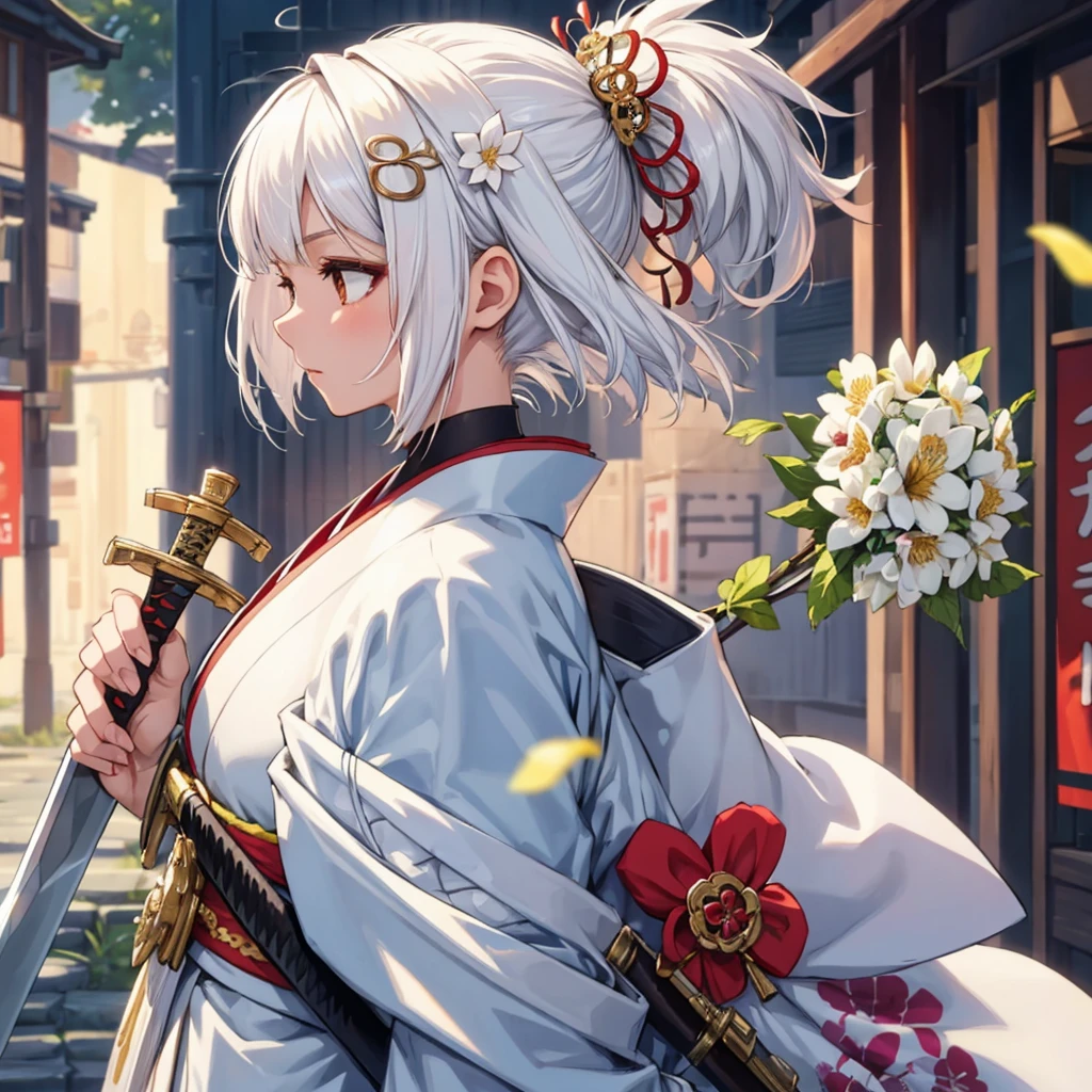 One girl, solo, bust, looking away, white hair, hair ornament, kimono, future city background, holding, short hair, brown eyes, from side, upper body, (holding weapon, sword, weapon), blade, jewelry, flower, flower in hair,