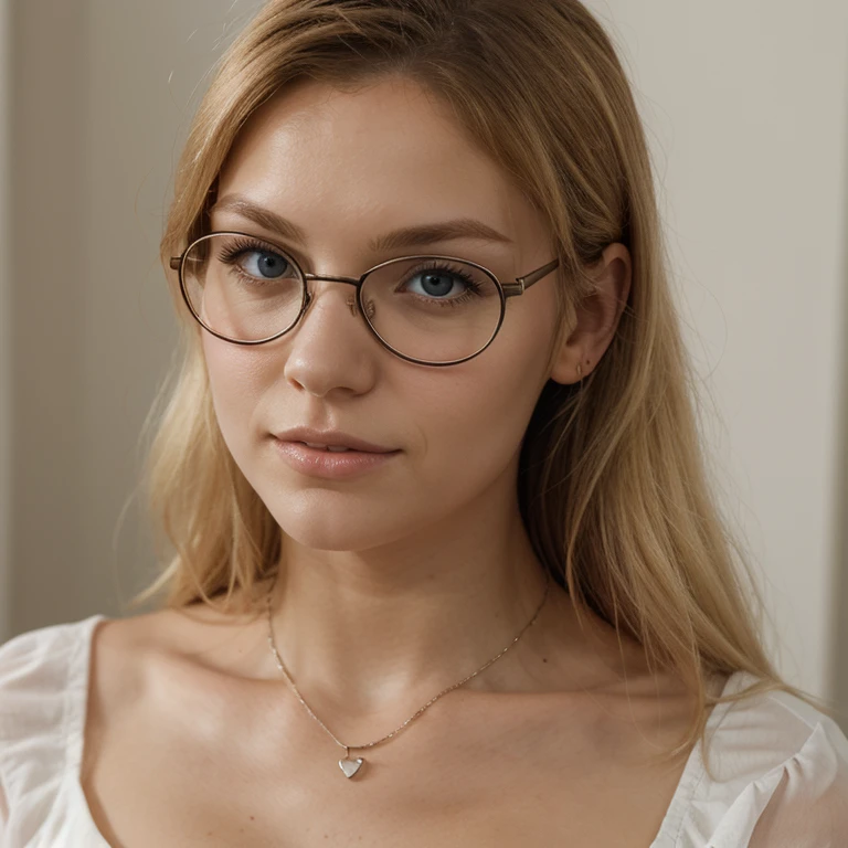 Skandinavische Frau , blond, dominant, selbstsicher, 25, Wears glasses, schaut streng, beautiful fresh color theme, closeup