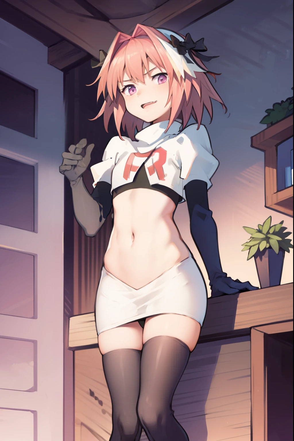 absurdres, masterpiece, best quality, (astolfo fate:1.2155), 1boy, male focus, trap, pink multicolored hair, pink hair, white hair, hair intakes, long hair, pink detailed eyes, crossdressing,1boy, team rocket,team rocket uniform, red letter R, white skirt,white crop top,black thigh-highs,black elbow gloves