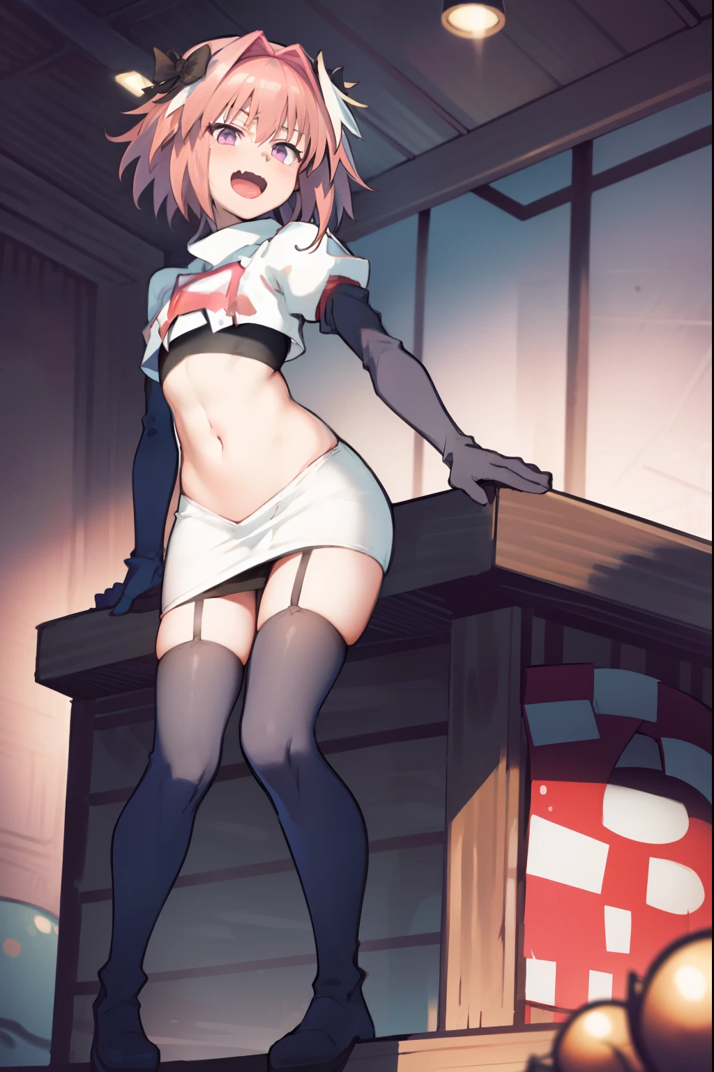 absurdres, masterpiece, best quality, (astolfo fate:1.2155), 1boy, male focus, trap, pink multicolored hair, pink hair, white hair, hair intakes, long hair, pink detailed eyes, crossdressing,1boy, team rocket,team rocket uniform, red letter R, white skirt,white crop top,black thigh-highs,black elbow gloves