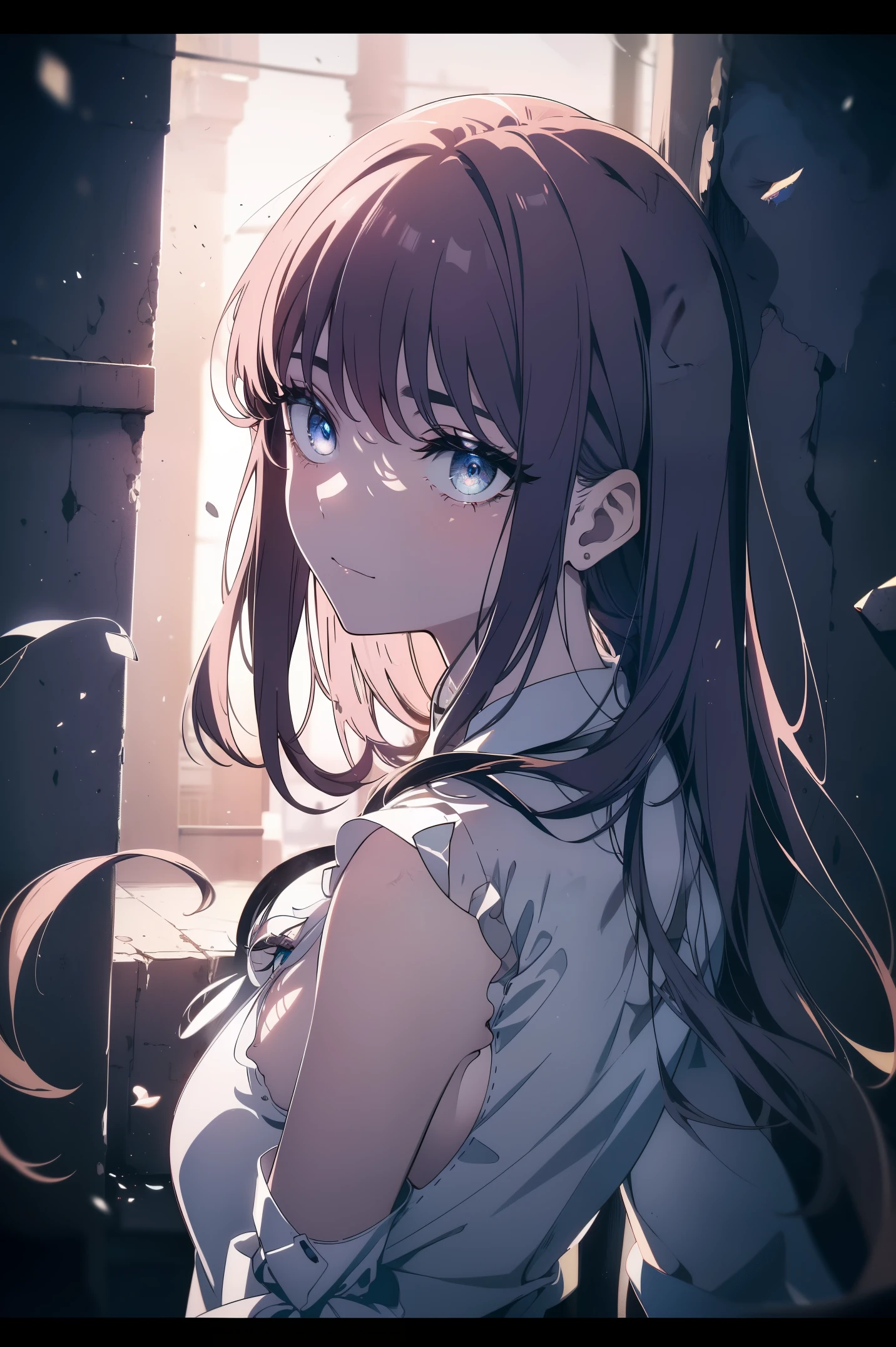(masterpiece, best quality, ultra high resolution), 1 girl, permanent, Uniforms, white office shirt, black pleated skirt, ((light brown, light brown hair:0.7), cut long hair, pale skin, ((blue Eye)), luminescent_Eye, neon Eye, (ultra detailed Eye, Beautiful and detailed face, detailed Eye), ((center)), Smile, ((广角镜head)), for the audience, eye level, (blurry background, bright snowy background, winter), flat chest, looking at the audience, ((half closed Eye)), ((perfect hands)), (((head, arms, buttocks, Elbow, in sight))), ((Put your hands behind your back)), empty Eye, beautiful lights, external, outdoor, background, clear topic, 25 years old,