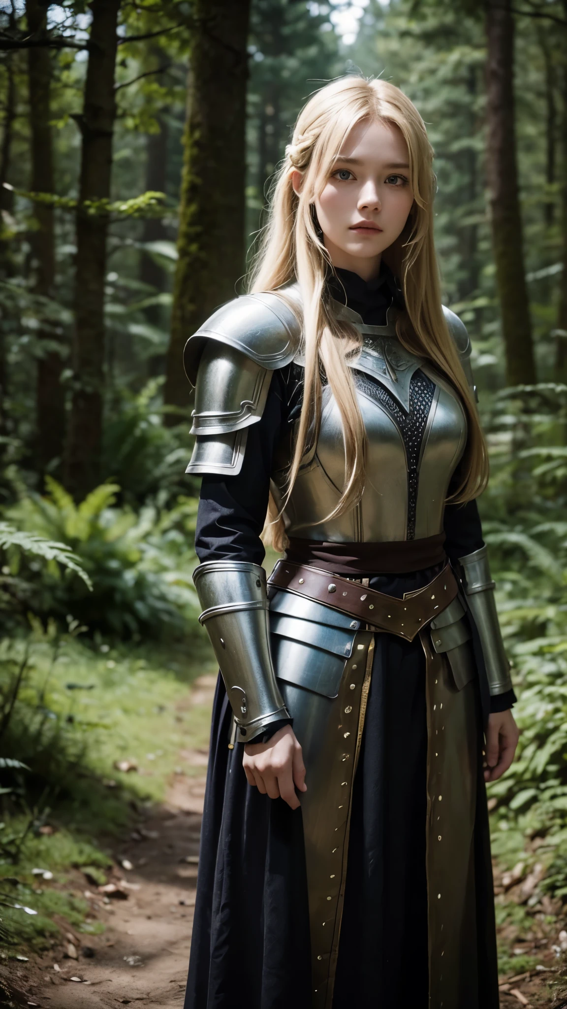 A woman wearing viking armor, standing in the forest, best quality, long hair blonde, looking straight to the camera, cinematic, 4k photography