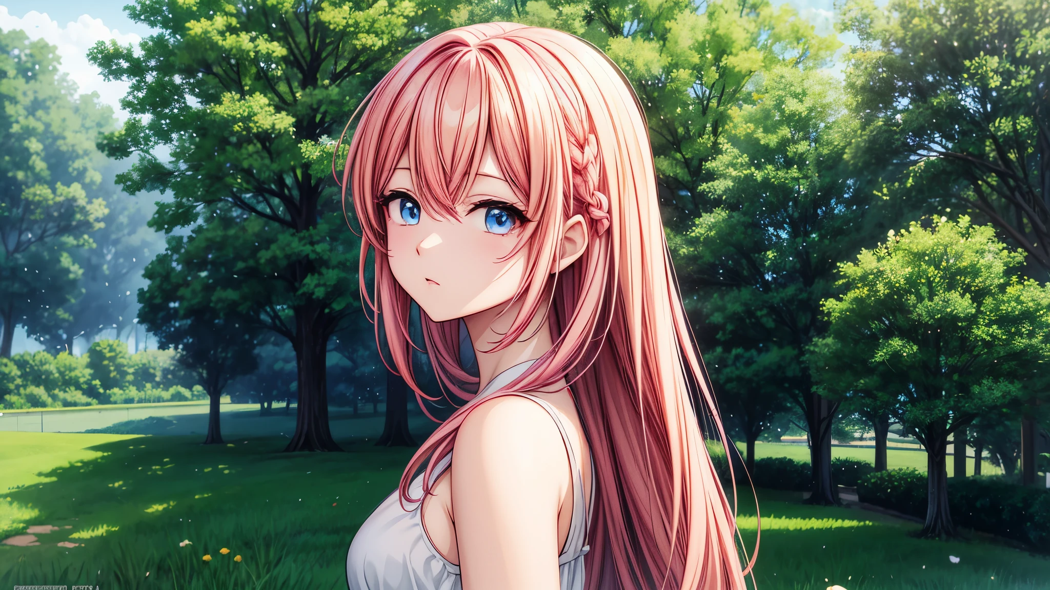 anime girl with pink hair and blue eyes standing in front of a tree, estilo anime 4k, Fondo de pantalla de arte anime 4K, Fondo de pantalla de arte anime 4k, arte de anime digital detallado, hermoso retrato animado, fondo de pantalla de arte anime 8 k, hermosas ilustraciones de anime, fondo de pantalla animado 4k, Fondo de pantalla animado 4K, anime fantasy illustration., anime fantasy illustrations, retrato detallado de chica anime