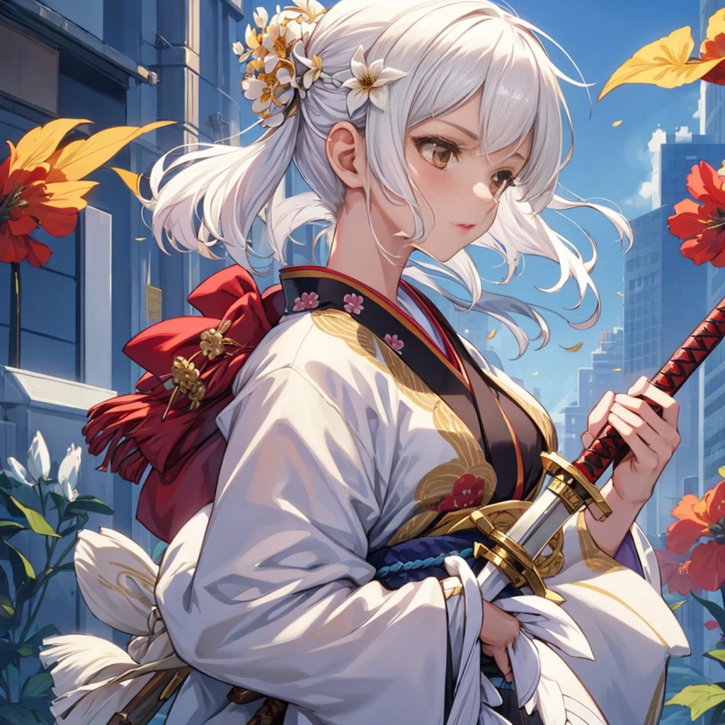 One girl, solo, bust, looking away, white hair, hair ornament, kimono, future city background, holding, short hair, brown eyes, from side, upper body, (holding weapon, sword, weapon), blade, jewelry, flower, flower in hair,