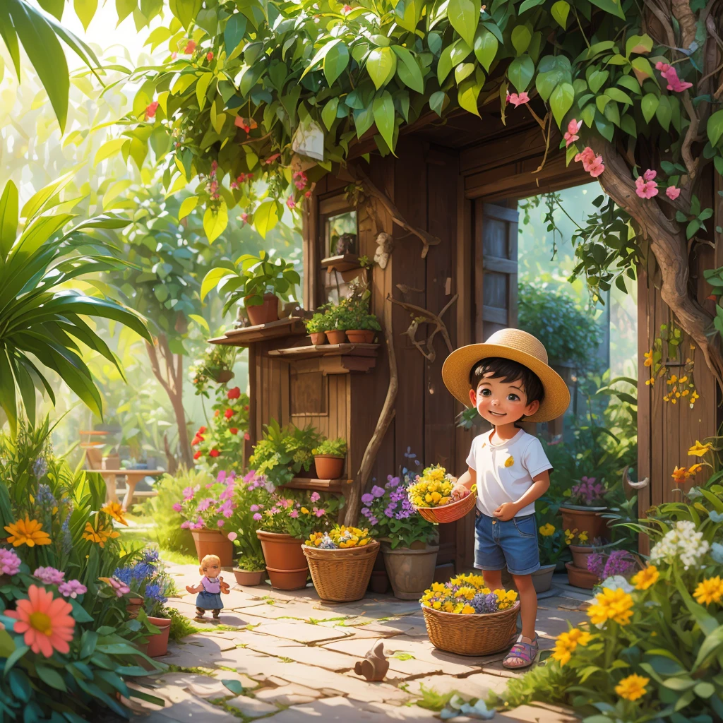 pintura feita em estilo aquarela, onde podemos ver um jardim encantador, with a gardener boy portrayed as a baby ipropriate gardening clothes and a straw hat,is on a path with dirt floor, Feito em estilo desenho de cartoon, O garotinho sorri enquanto cuida das plantas com carinho, O menininho segura uma cesta cheia desses frutos, que ele colheu com orgulho, Ao fundo, there are several majestic date palm trees, cheia de frutos maduros e suculentos, The image is made in watercolor, com cores vibrantes e suaves, conveying a sense of tranquility and harmony, The plants have bright colors coming from the flowers around the garden, as diferentes variedades de plantas, The boy is cheerful while holding the basket full of fruits, The ripe fruits of the date palm and how they add a touch of color and abundance to the garden, Use the watercolor technique used to create the image, highlighting the soft brushstrokes and translucent colors that bring the scene to life.
