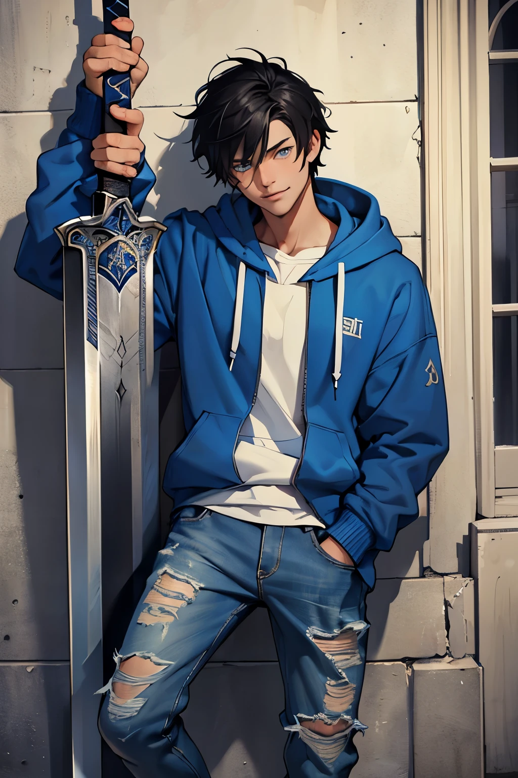 ((Best quality)), ((masterpiece)), top quality), standing alone, Caucasian, 5'9, Blue hoodie, smiling, messy black hair, hair in eyes, ripped jeans, blue eyes, teenage man, European sword resting beside him