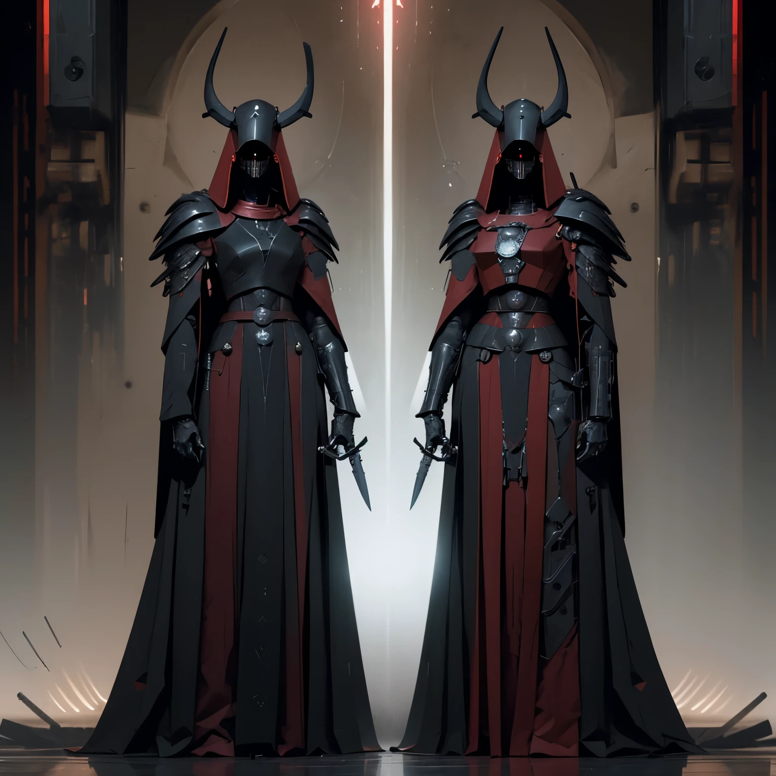 (holding a really long sword), long pointy head, red and black color scheme, military design, mil-spec, angular frame, five eyes, long head, standing confidently, menacing, big body, strong, ROBOT, Melania from Elden Ring, very mechanical, sleek mechanical horns