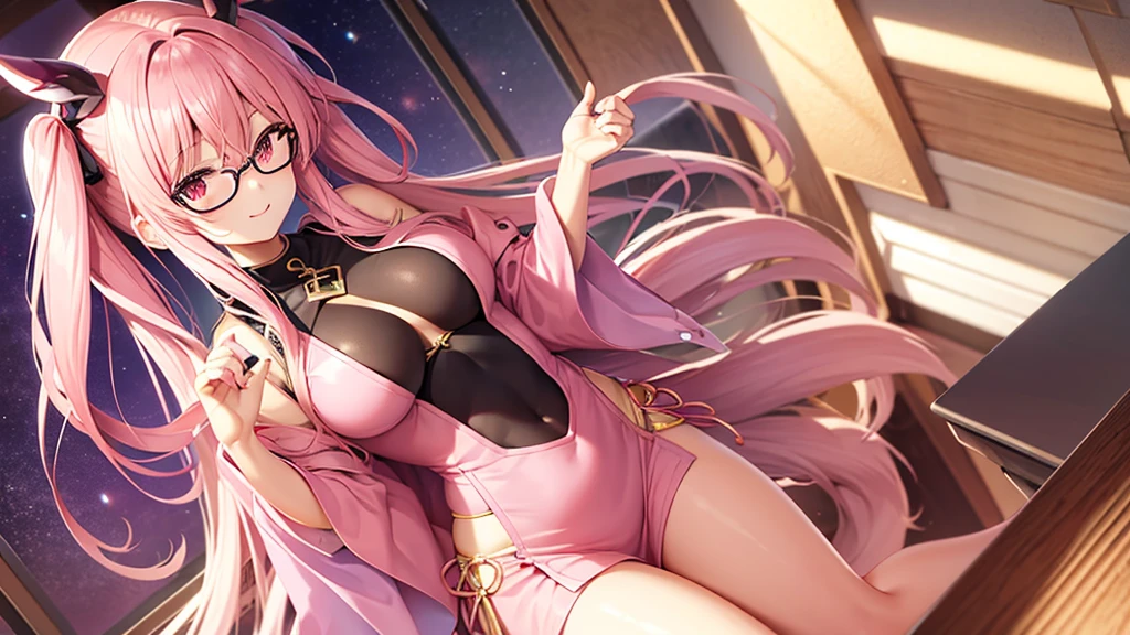 More than one person。pink color。Pose with chest on table。anime style。beautiful girl。Demon Fox。smile。Glasses。big bust。