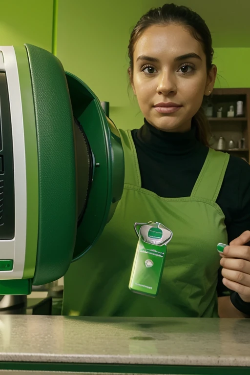 personagens, no estilo Pixar, holding green machine, green credit card, para atender cliente em sua loja, tudo no fundo verde.