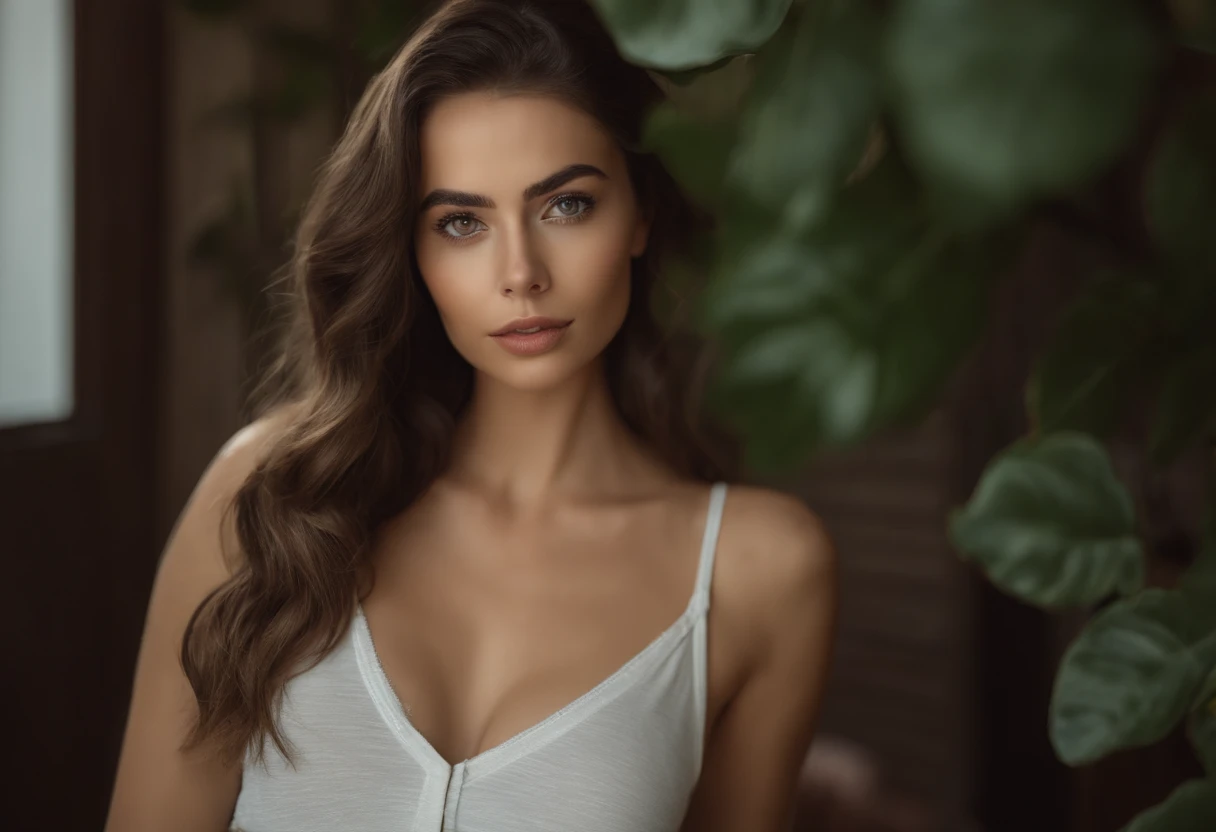 Arafed Mujer con una camiseta blanca sin mangas y un collar,  con ojos verdes, Retrato de Sophie Mudd, brown hair and big eyes, selfie de una mujer joven, ojos dormitorio, violeta myers, sin maquillaje, Maquillaje Natural, Looking directly at the camera, cara con artgram, maquillaje sutil, stunning cuerpo completo shot, penetrantes ojos verdes, beautiful angle, pose atractiva, Pretty girl, pose sexy, cuerpo completo picture, cuerpo completo, cuerpo completo shoot, Diosa morena, Alto detalle, pose satisfecha, pantalones de cuero
