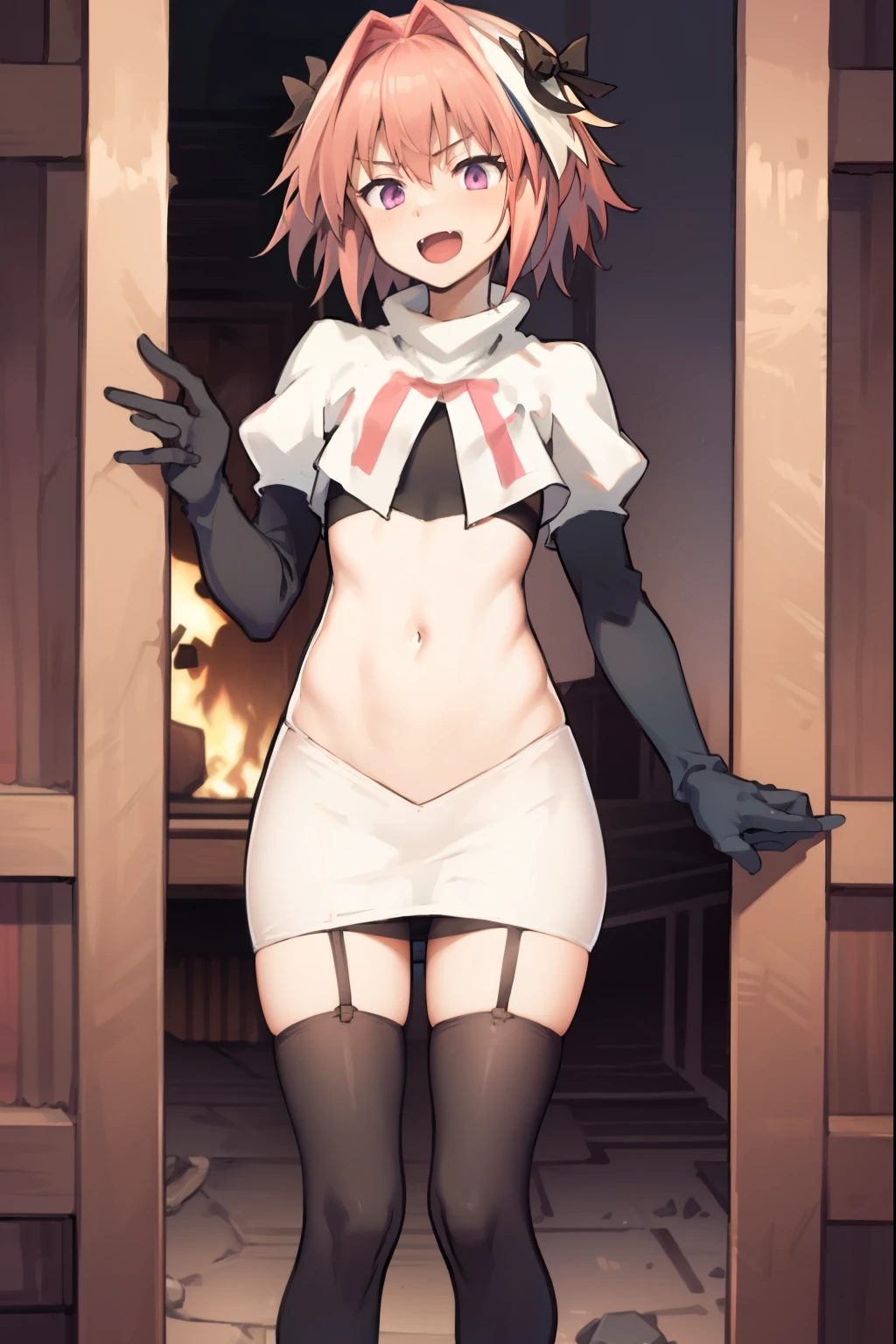 absurdres, masterpiece, best quality, (astolfo fate:1.2155), 1boy, male focus, trap, pink multicolored hair, pink hair, white hair, hair intakes, long hair, pink detailed eyes, crossdressing,1boy, team rocket,team rocket uniform, red letter R, white skirt,white crop top,black thigh-highs,black elbow gloves