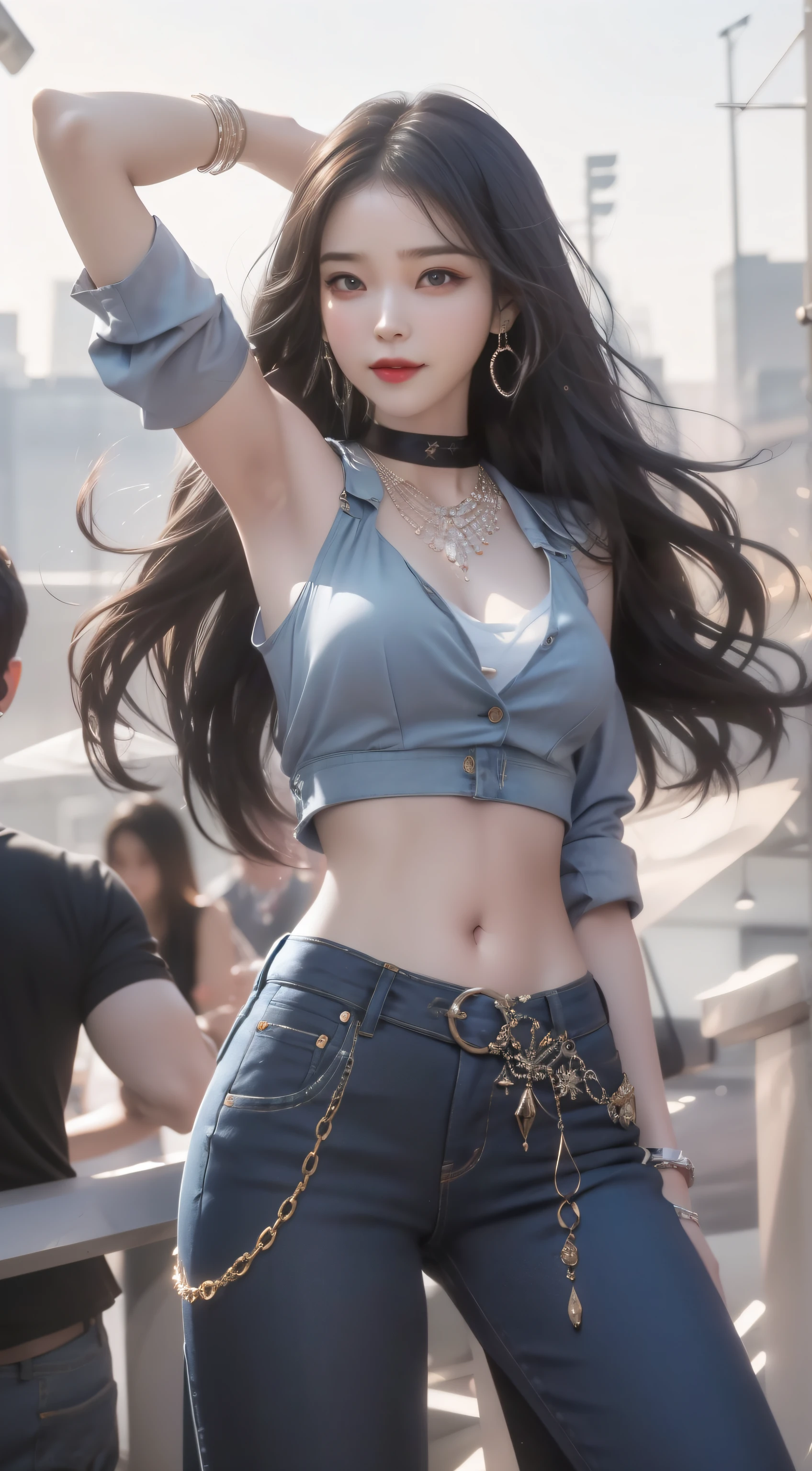 8k, masterpiece, original photo, best quality, detail:1.2), lifelike, Extremely detailed CG unifies 8k wallpapers, depth of field, movie light, lens flare, Ray tracing, (extremely beautiful face, beautiful lips , beautiful eyes), Intricate detail face, ((Ultra detailed skin)) 1 girl, dark, deep shadow, beautiful korean girl, kpop idol, (Very slim slim muscular body:1.3), ((view viewer)) ,(bright smile), (Mini denim skirt),(open jacket), (Injection cuff), (city night, (neon lights), (night), beautiful korean girl, earrings, bracelet, necklace, no connection, light eyes, Walk, (pale skin), face forward, (big eyes), ((Shot in the upper part of the body)), the way back, Horizontal, Very thin, defamation