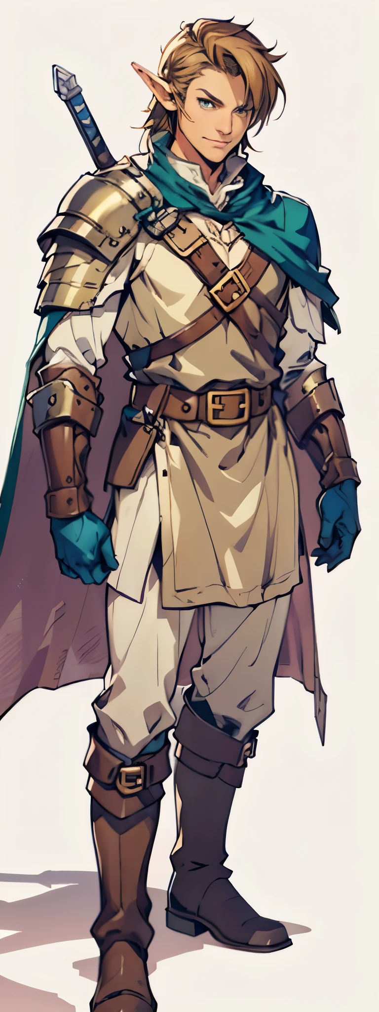 high detailed half-elf male,((male)), elf, brown_hair messy_hair smiling_face, green_eyes, scar_across_eye, pointed_ears, tan, armor breastplate blue_cape, leather_gloves, belt, belt_pounch, sheath, paladin knight, simple_background, male_focus solo, final fantasy tactics, jrpg, demacia, vox machina style,link,mature,knight,strong,warrior,royal,uniform,((detailed)),shaded, beautiful,king, (knee-high boots),(character design),