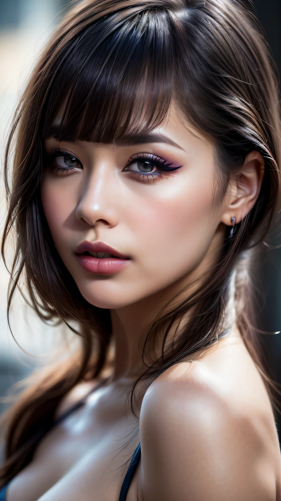 (A woman the focal point of the photograph)), a close up of a person's eyes, dressed, (photo realistic:1.4), (hyper realistic:1.4), (realistic:1.3), (smoother lighting:1.05), (increase cinematic lighting quality:0.9), 32K, 1girl,25yo girl, realistic lighting, backlighting, light on face, ray trace, (brightening light:1.2), (Increase quality:1.4), (best quality real texture skin:1.4), finely detailed eyes, finely detailed face, finely quality eyes, (tired and sleepy and satisfied:0.0), ((face closeup)), bikini, korean girl, (Increase body line mood:1.1), (Increase skin texture beauty:1.1), (dark_makeup:1.3, eyeliner:1.22), ((Brown_eyes:1.3)), (((light dark short ((side swept bangs)), extremely detailed))), with a perfect body, super fine face and eyes, there a close up of a woman's eye with a digital rendering inspired by Carl Walter Liner, shutterstock, aestheticism, perfect dark eyeshadows:1.4, detailed makeup on eyes:1.2, iridescent eyes, with professional makeup, eyeshadow, vibrant eyes:1.2, 