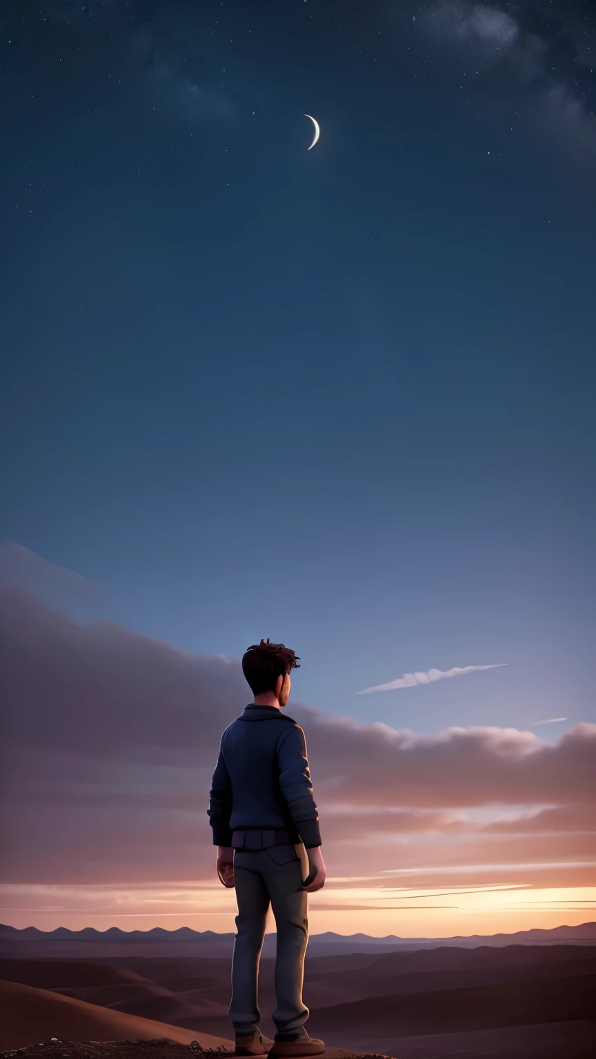 vast landscape of a desolate valley, a lone man from a distance, sense of solitude, twilight shimmering on the horizon, cinematic quality