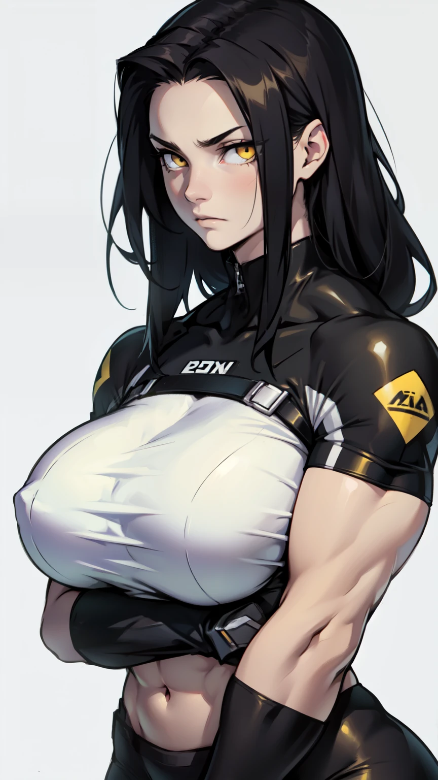 pale girl muscular girl huge breasts black hair yellow eyes expressionless sad